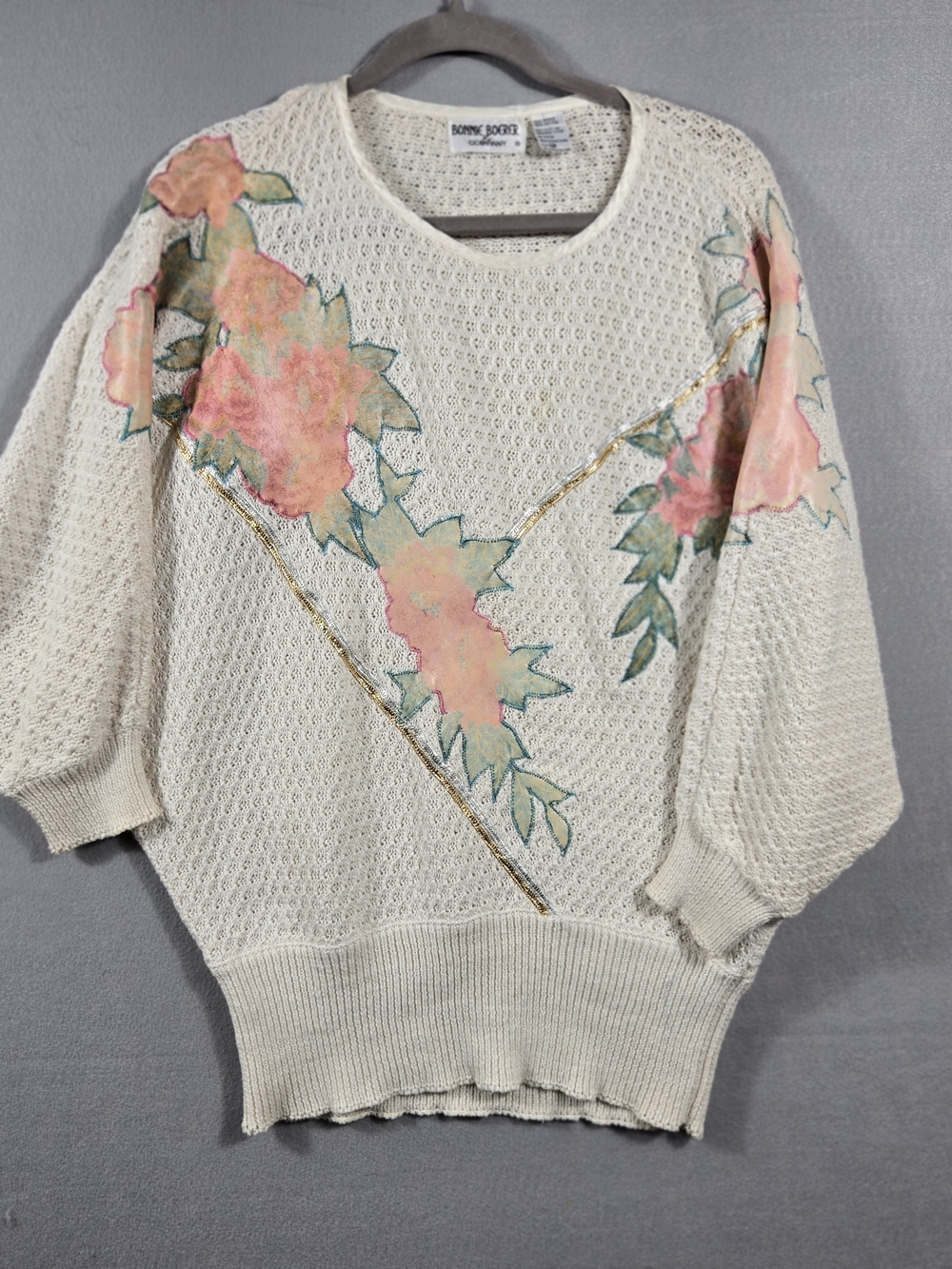 Vintage 80s Bonnie Boerer & Company Cream Floral Knit Sweater